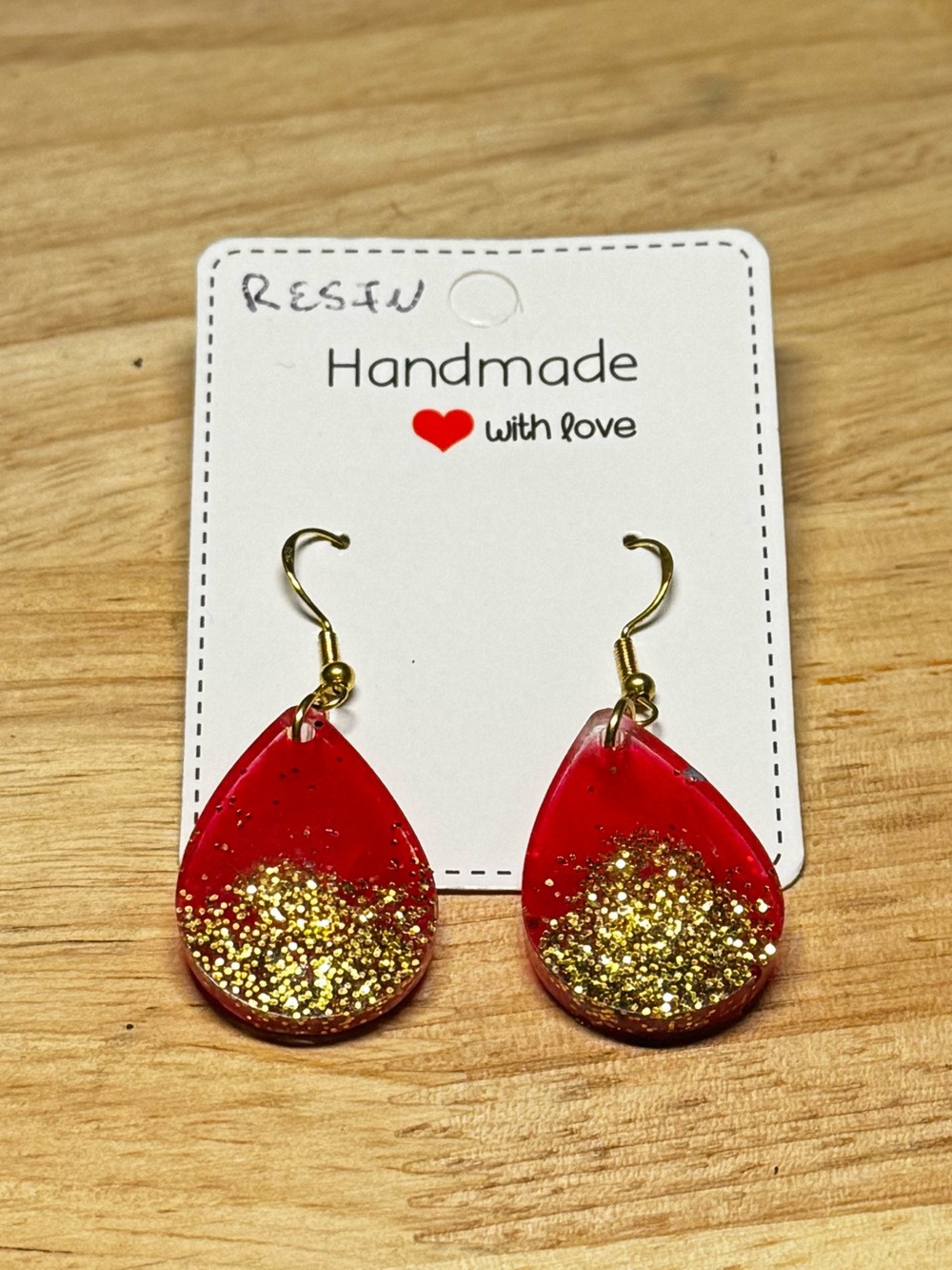 Hand Crafted Red Teardrop Earrings with Gold Glitter